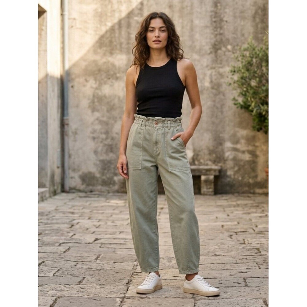 ZARA Sage Green Paperbag Waist Barrel Leg Utility Pants Size 12